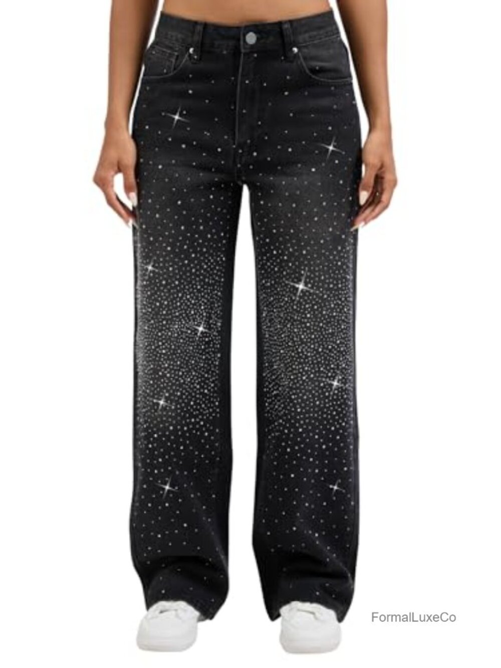 Rhinestone Straight Leg Jeans Mid-Rise Stretch Denim Party Festival